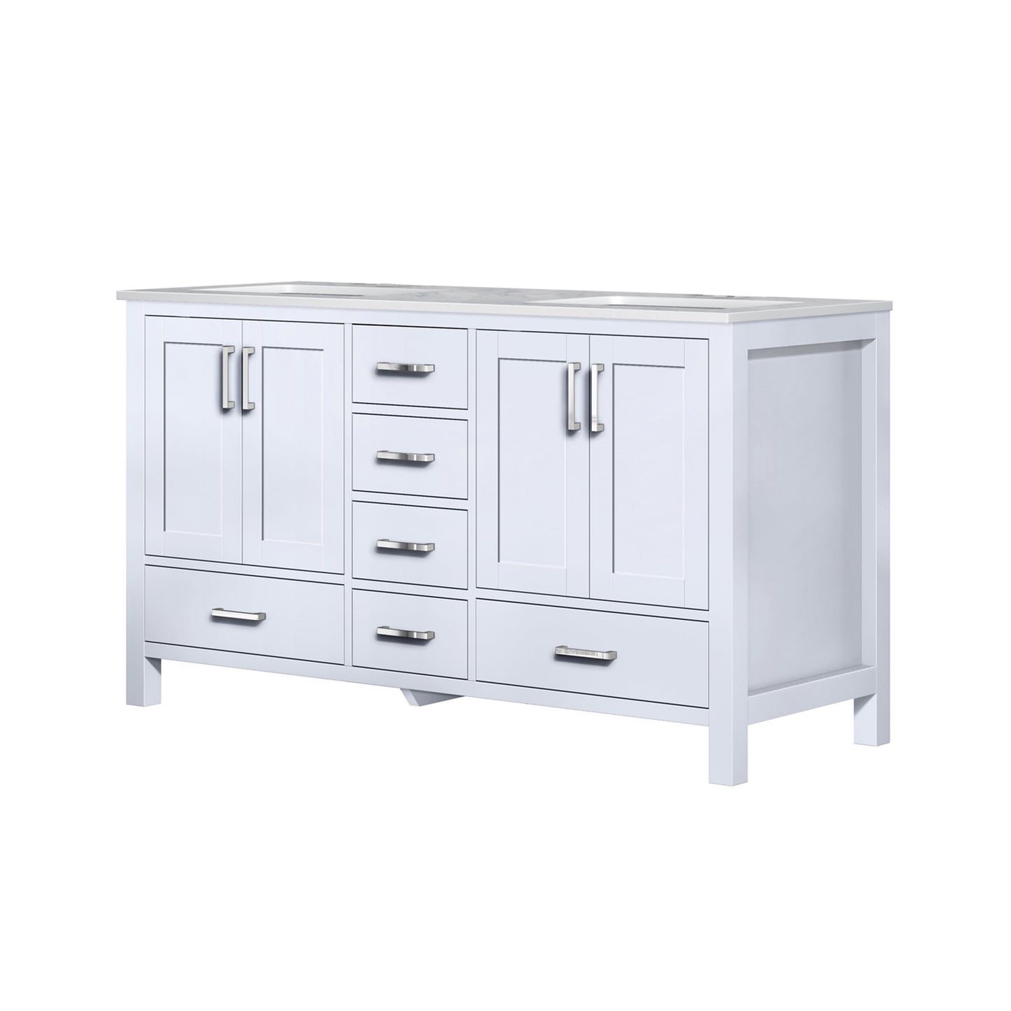 Jacques 60" White Double Vanity, White Carrara Marble Top, White Square Sinks and no Mirror