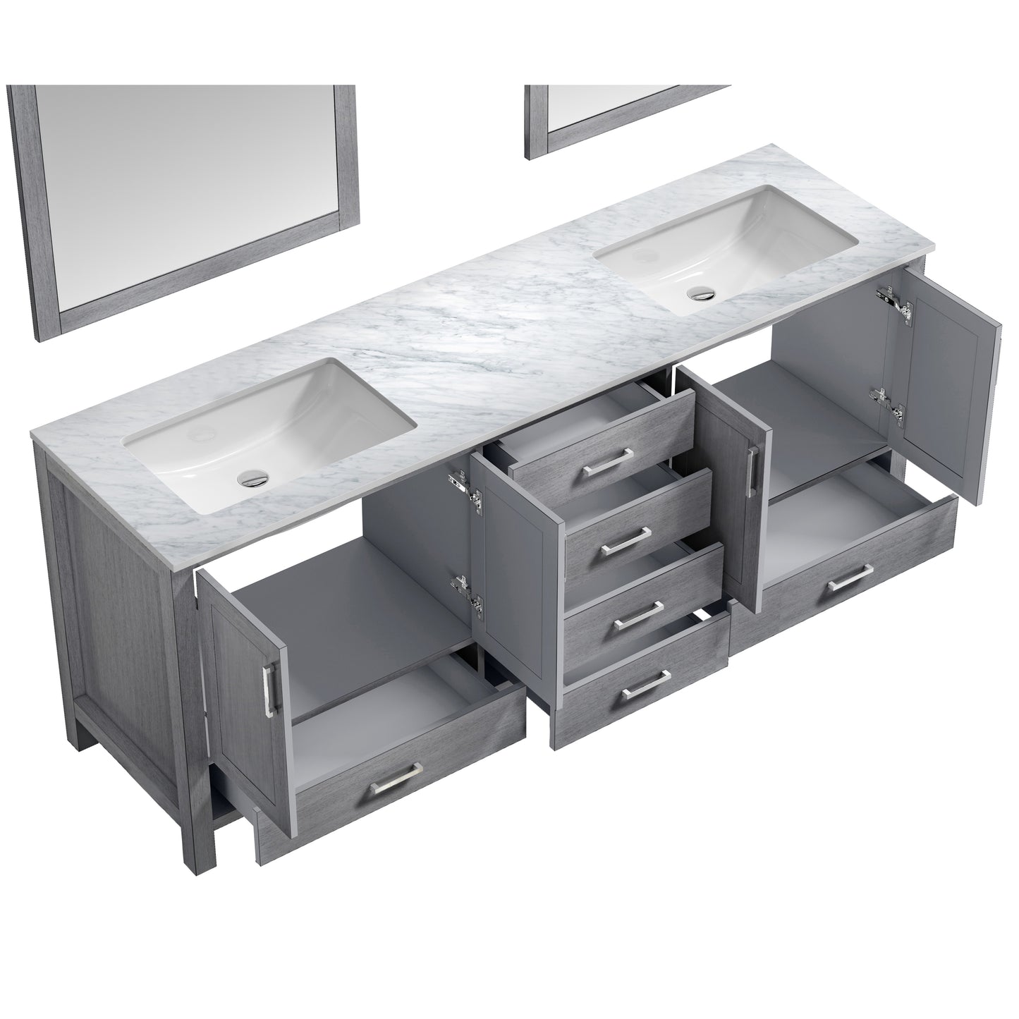 Jacques 80" Distressed Grey Double Vanity, White Carrara Marble Top, White Square Sinks and 30" Mirrors w/ Faucets