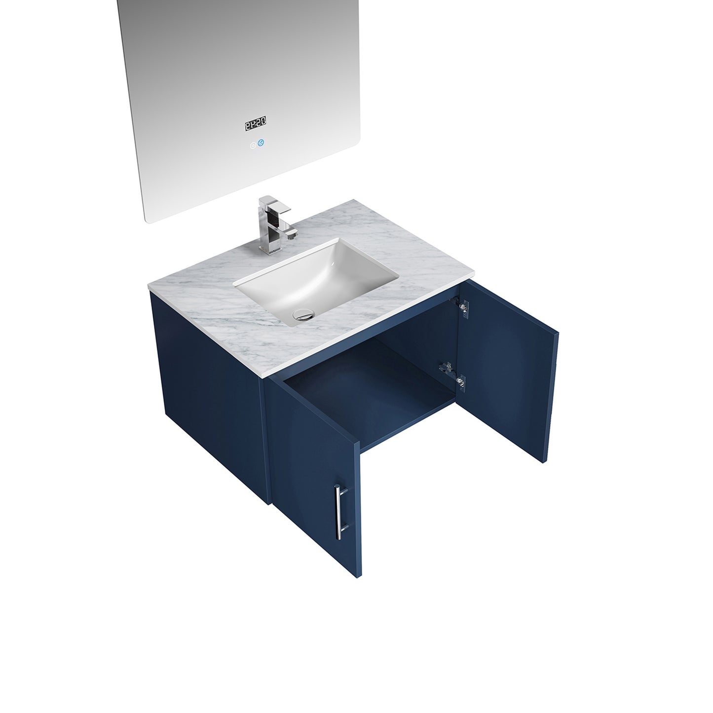 Geneva 30" Navy Blue Single Vanity, White Carrara Marble Top, White Square Sink and 30" LED Mirror w/ Faucet