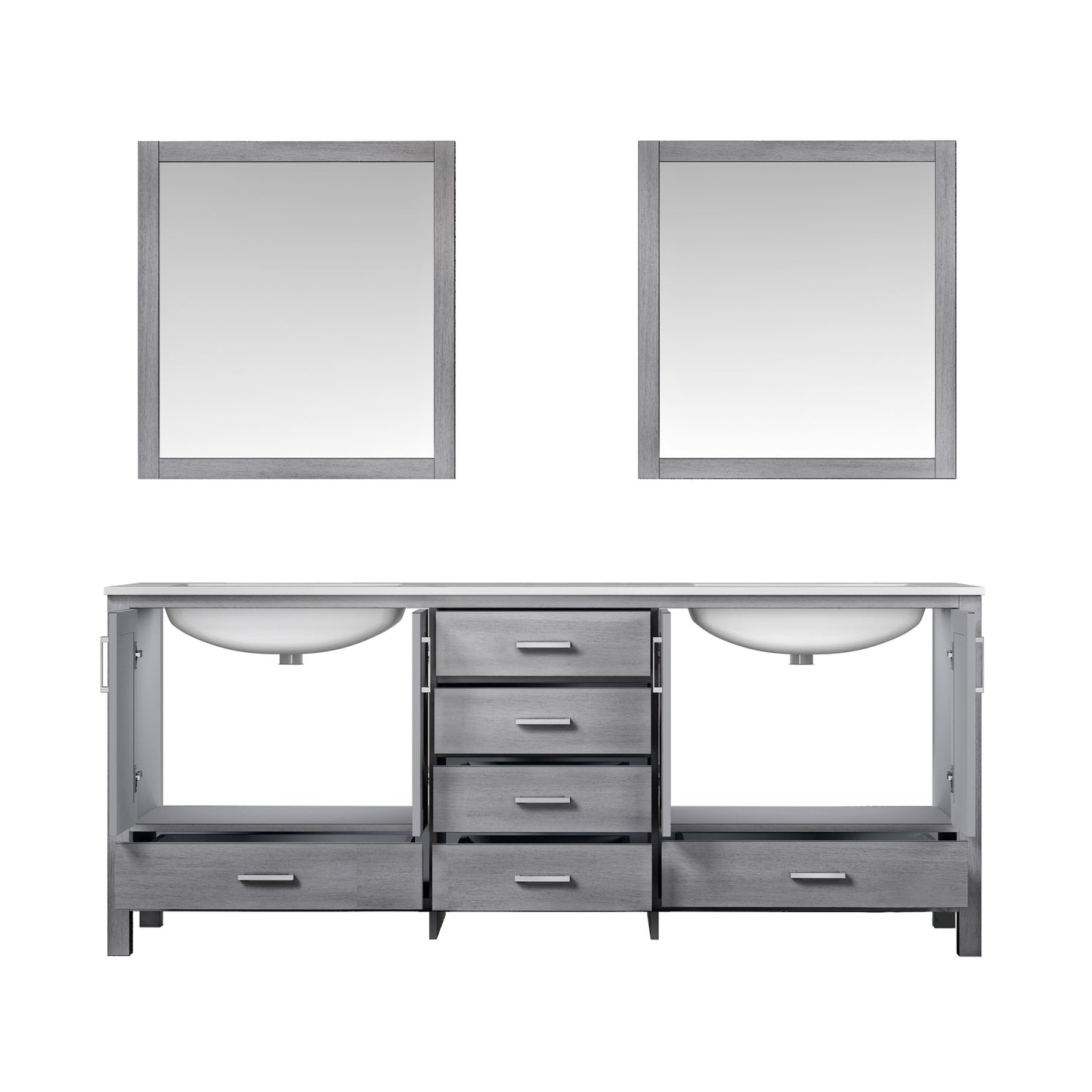 Jacques 80" Distressed Grey Double Vanity, White Carrara Marble Top, White Square Sinks and 30" Mirrors w/ Faucets