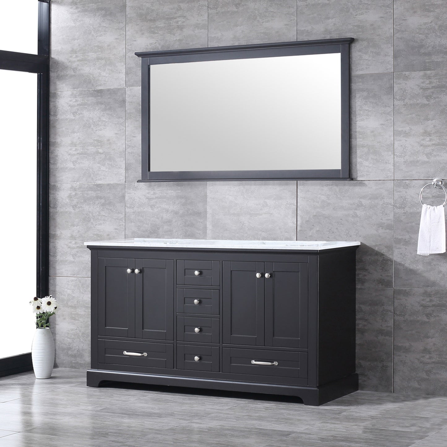 Dukes 60" Espresso Double Vanity, White Carrara Marble Top, White Square Sinks and 58" Mirror