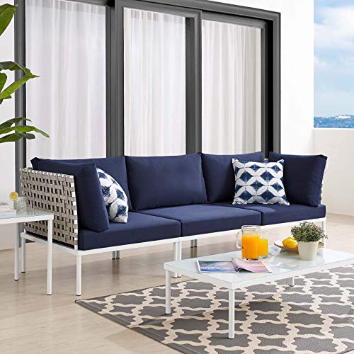 Modway EEI-4966-TAN-NAV Harmony Sunbrella Basket Weave Tan Navy Outdoor Patio Aluminum Sofa