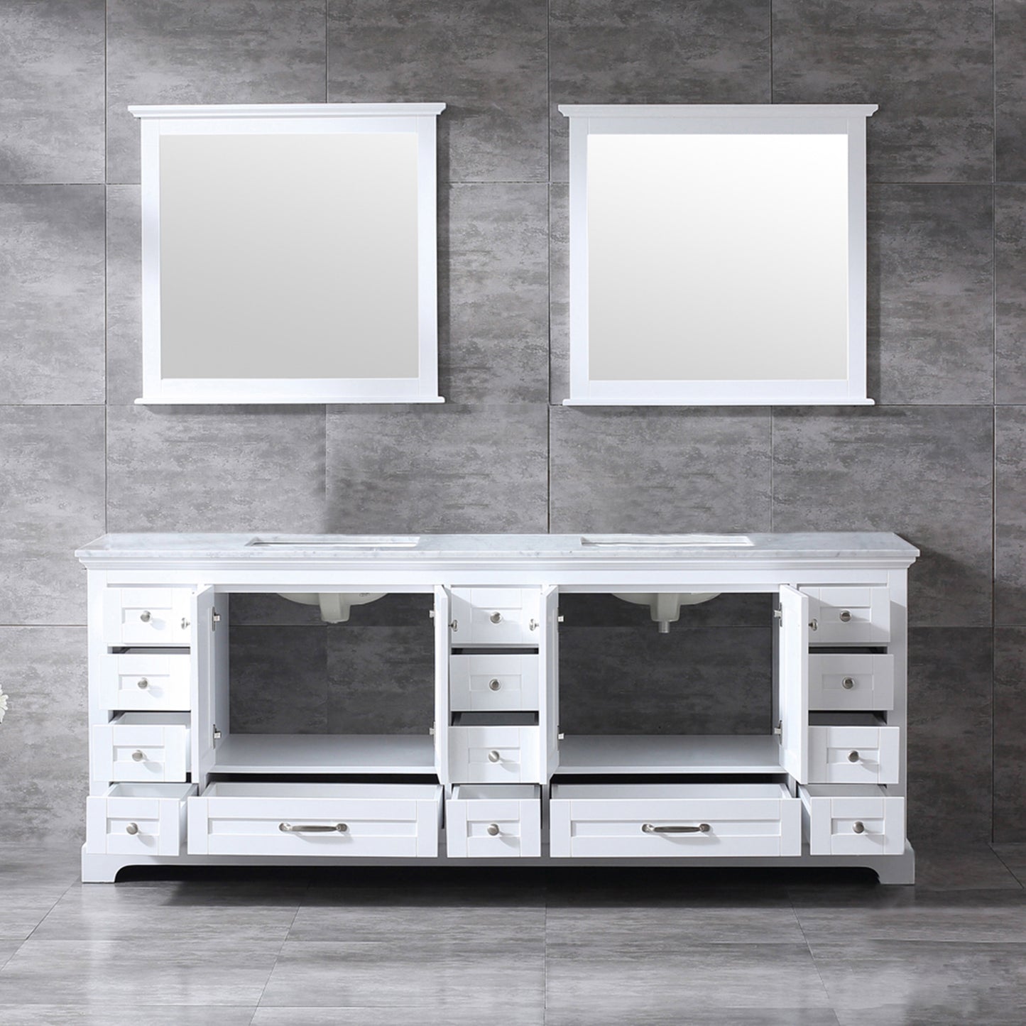 Dukes 84" White Double Vanity, White Carrara Marble Top, White Square Sinks and 34" Mirrors