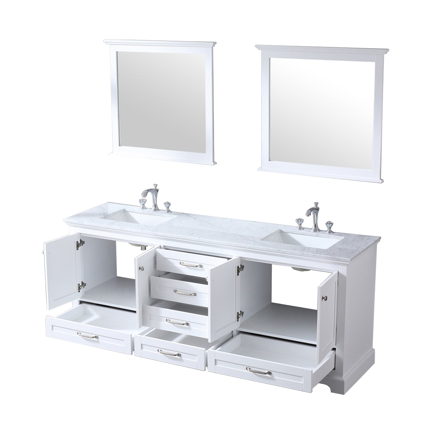 Dukes 80" White Double Vanity, White Carrara Marble Top, White Square Sinks and 30" Mirrors w/ Faucets