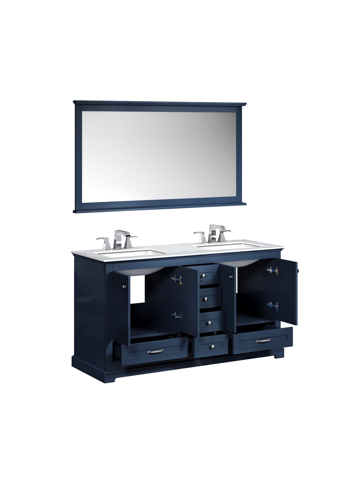 Dukes 60" Navy Blue Double Vanity, White Carrara Marble Top, White Square Sinks and 58" Mirror w/ Faucets