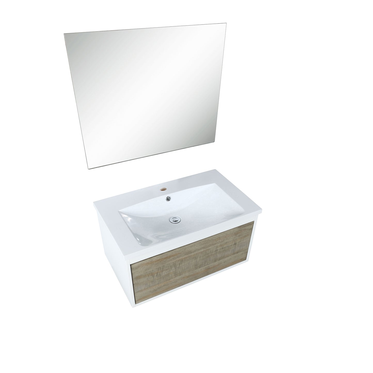 Scopi 30" Rustic Acacia Bathroom Vanity, Acrylic Composite Top with Integrated Sink, and 28" Frameless Mirror