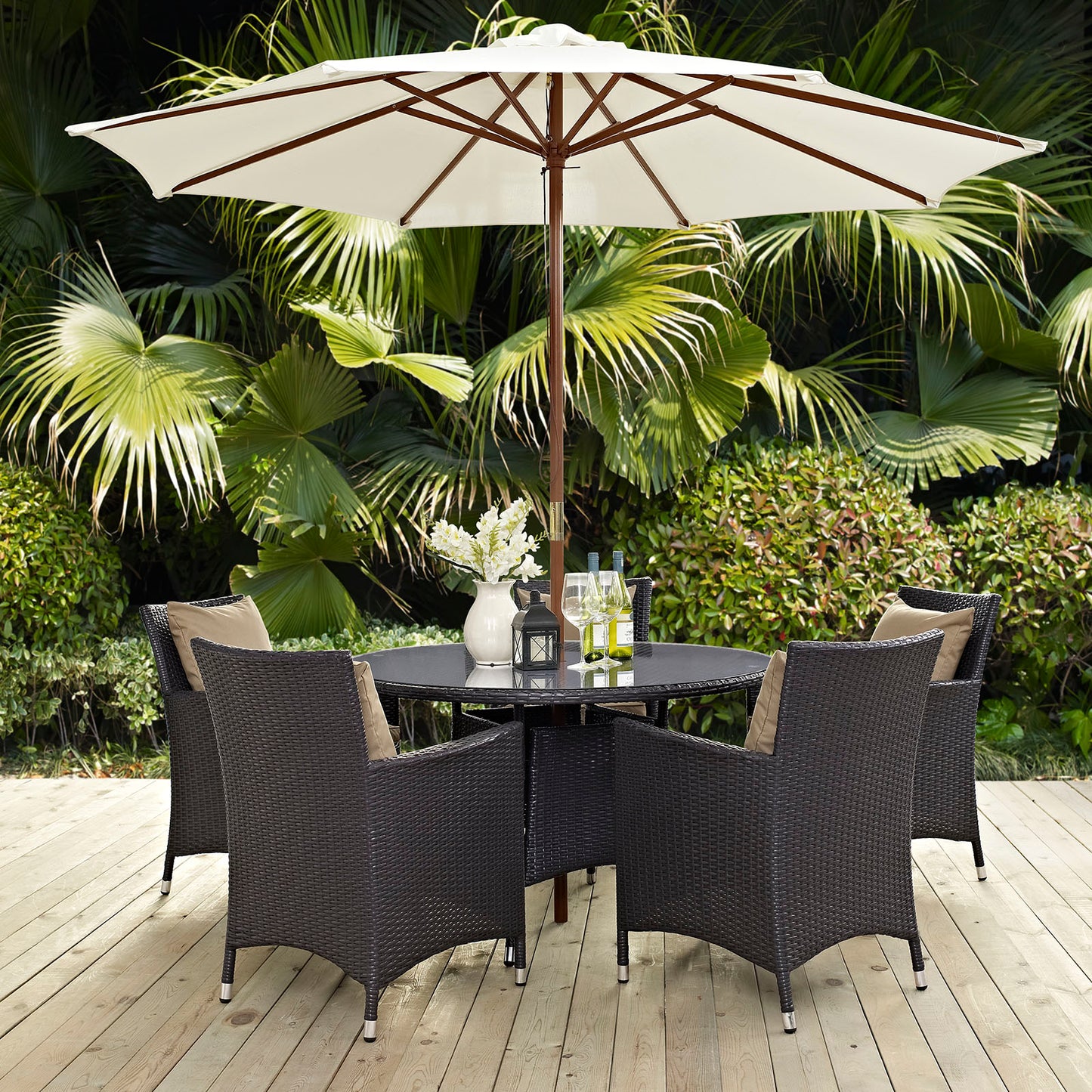 Modway Convene Wicker Rattan Outdoor Patio 47" Dining Table and Umbrella in Espresso White