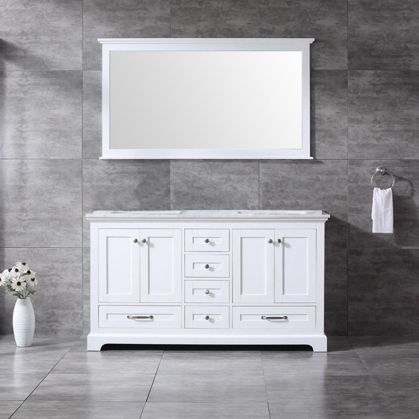 Dukes 60" White Double Vanity, White Carrara Marble Top, White Square Sinks and 58" Mirror