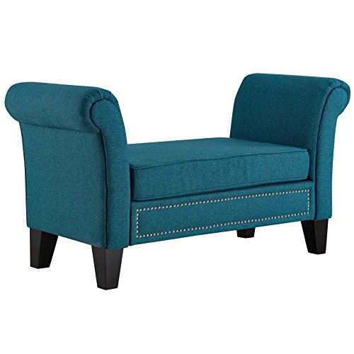 Modway Rendezvous Upholstered Bench in Teal with Rolled Arms and Nailhead Trim