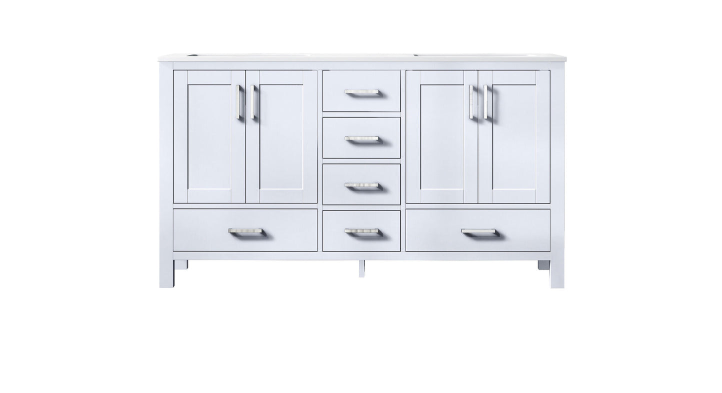 Jacques 60" White Double Vanity, White Quartz Top, White Square Sinks and no Mirror