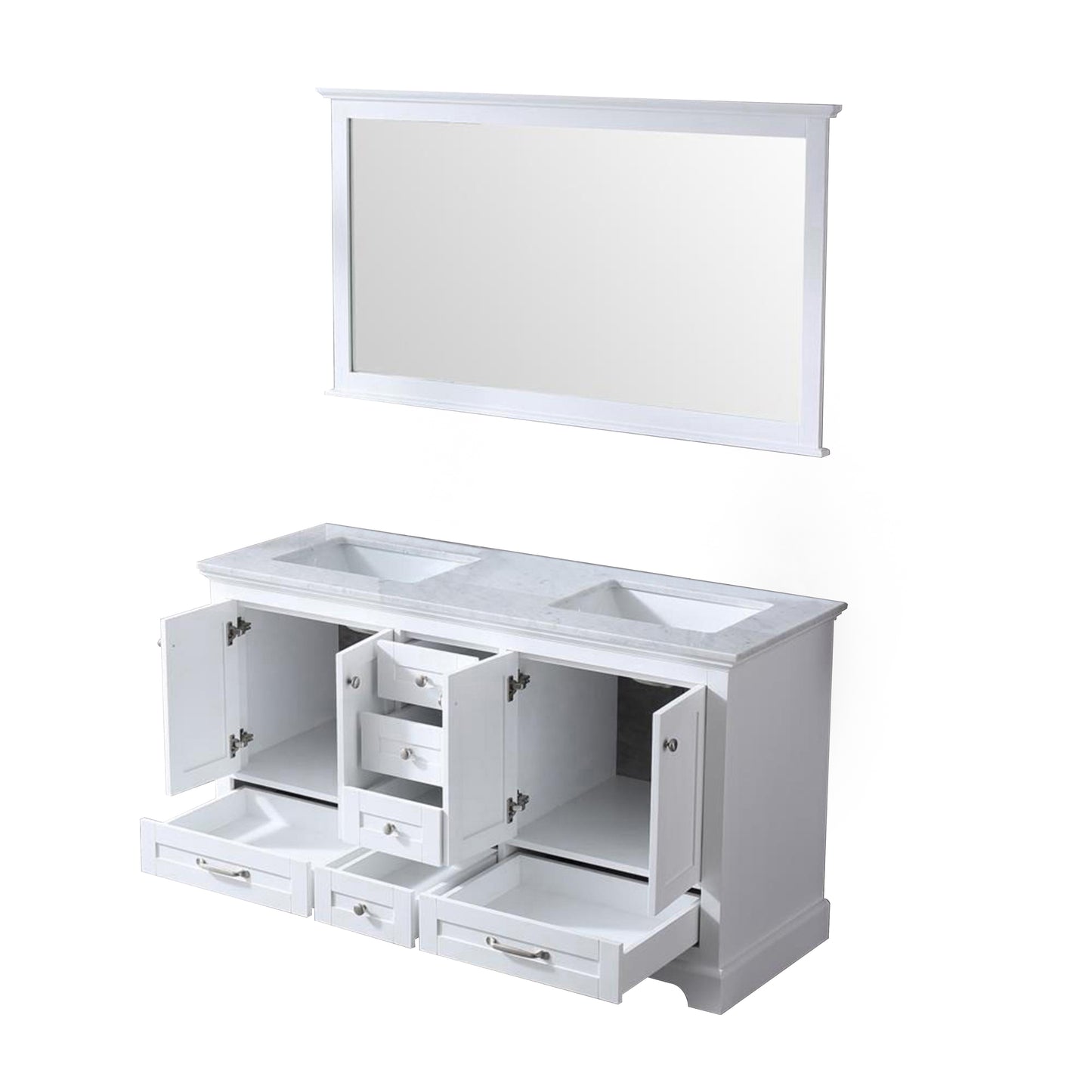 Dukes 60" White Double Vanity, White Carrara Marble Top, White Square Sinks and 58" Mirror