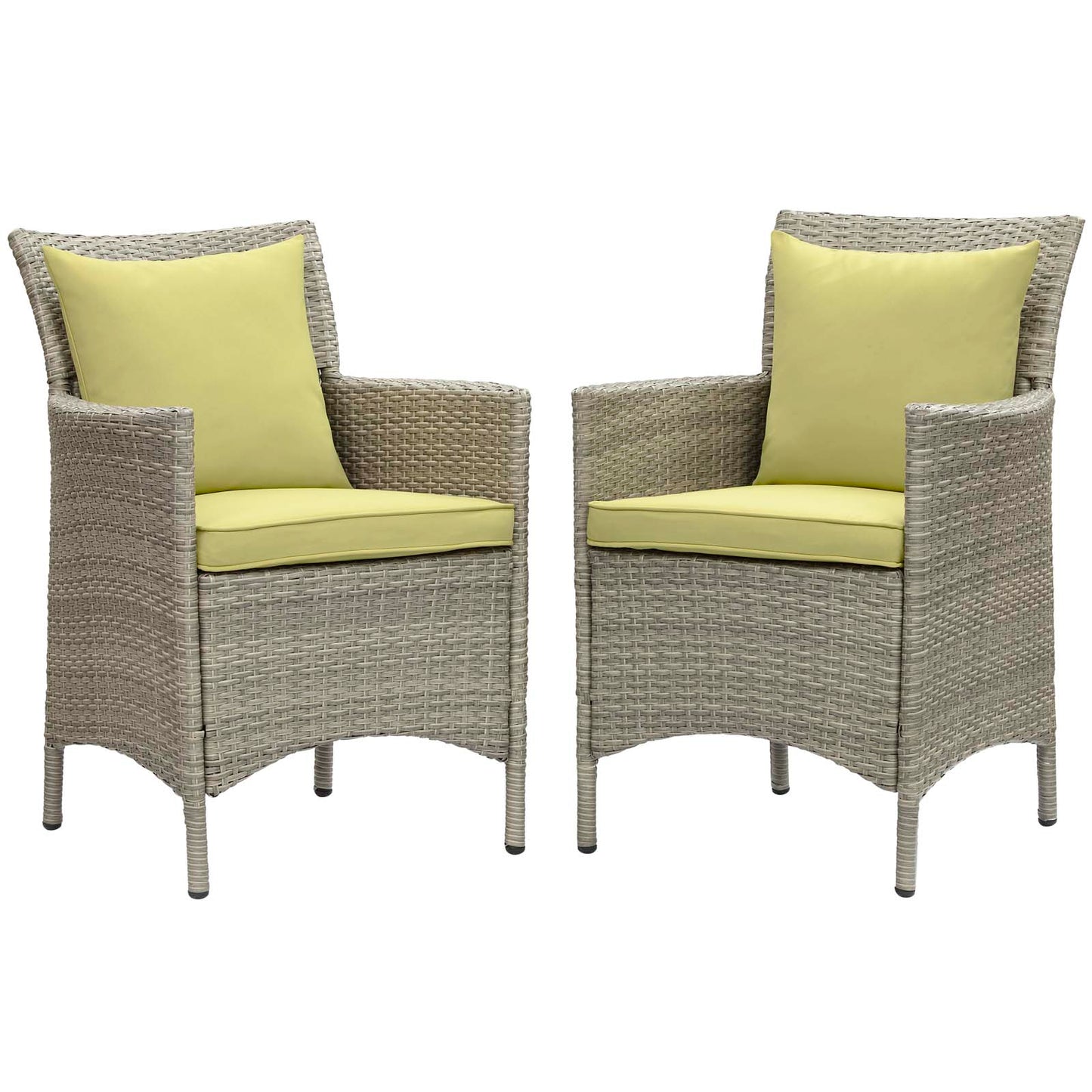 Modway Conduit Rattan Patio Dining Arm Chair in Gray and Peridot (Set of 2)