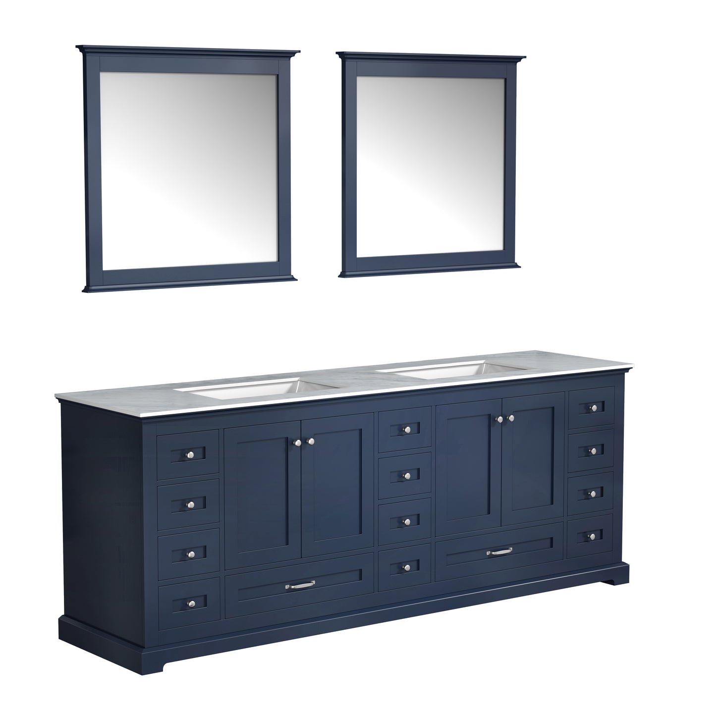 Dukes 84" Navy Blue Double Vanity, White Carrara Marble Top, White Square Sinks and 34" Mirrors