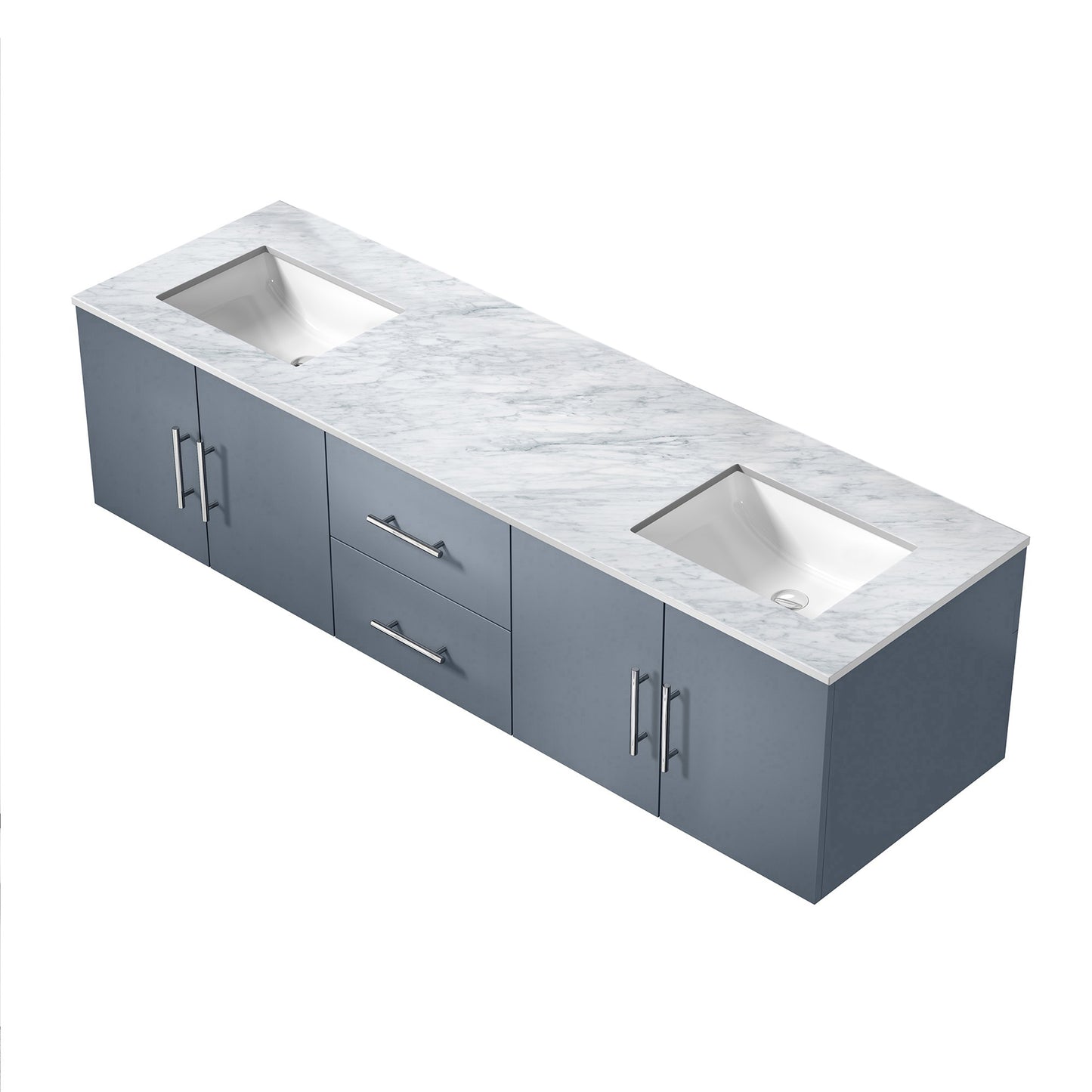 Geneva 72" Dark Grey Double Vanity, White Carrara Marble Top, White Square Sinks and no Mirror