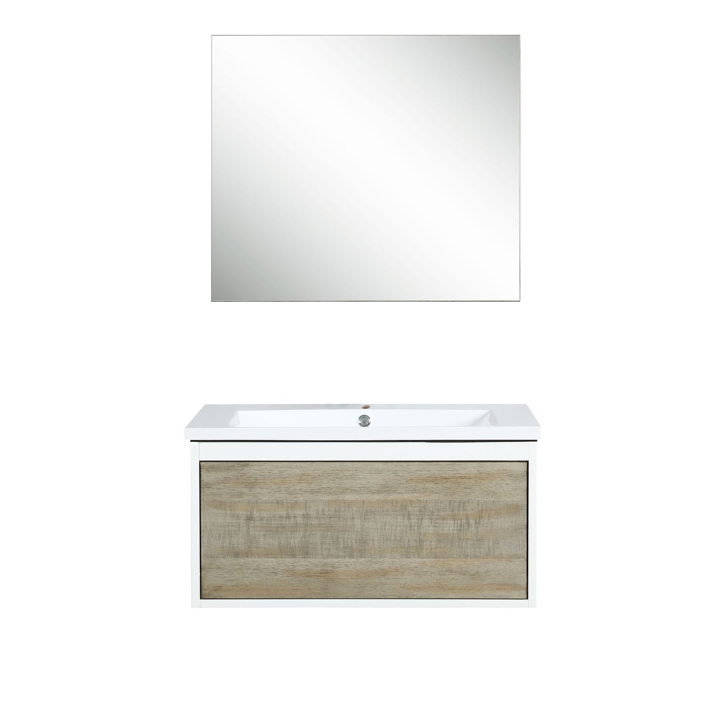 Scopi 30" Rustic Acacia Bathroom Vanity, Acrylic Composite Top with Integrated Sink, and 28" Frameless Mirror