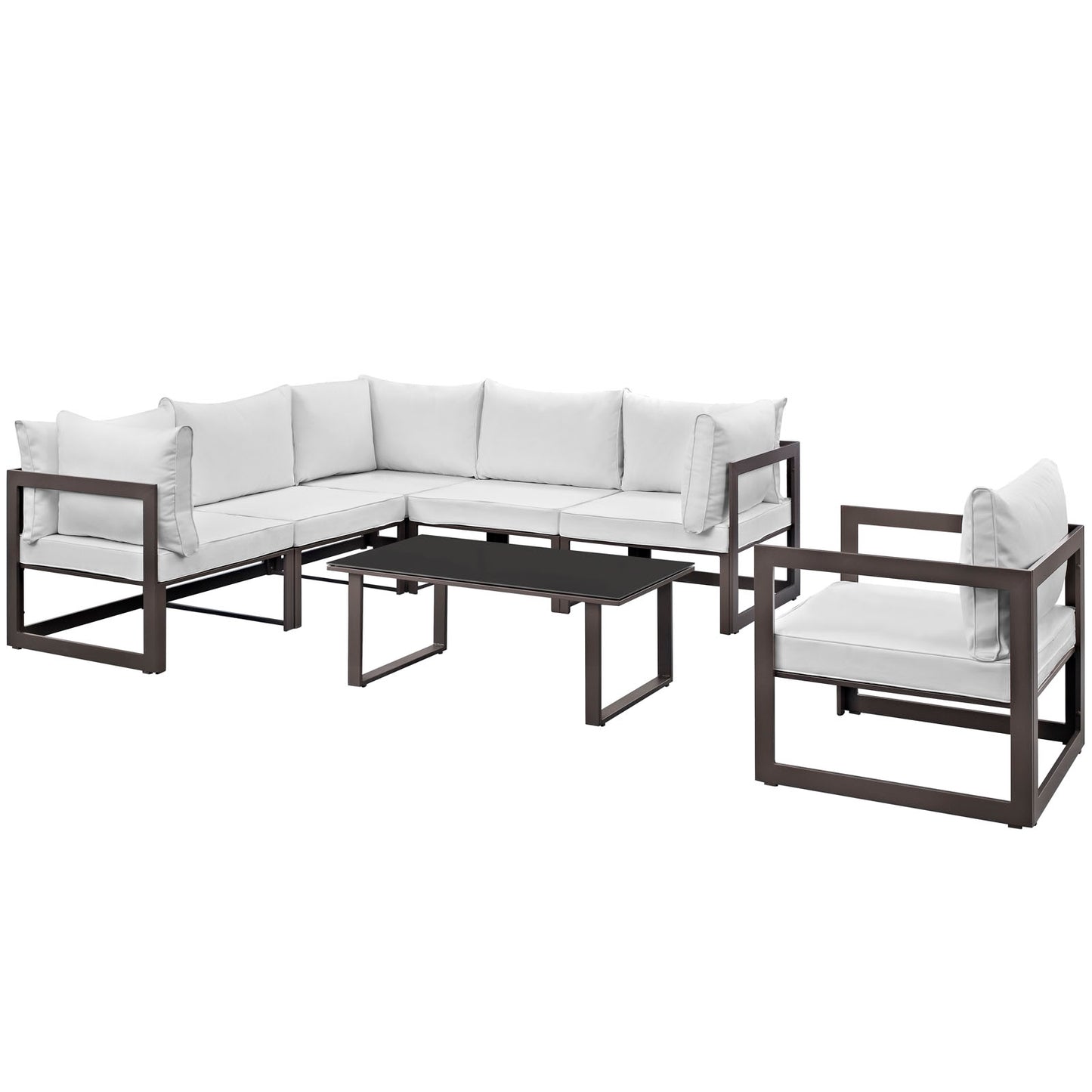 Modway Fortuna 7 Piece Outdoor Patio Sectional Sofa Set in Brown White