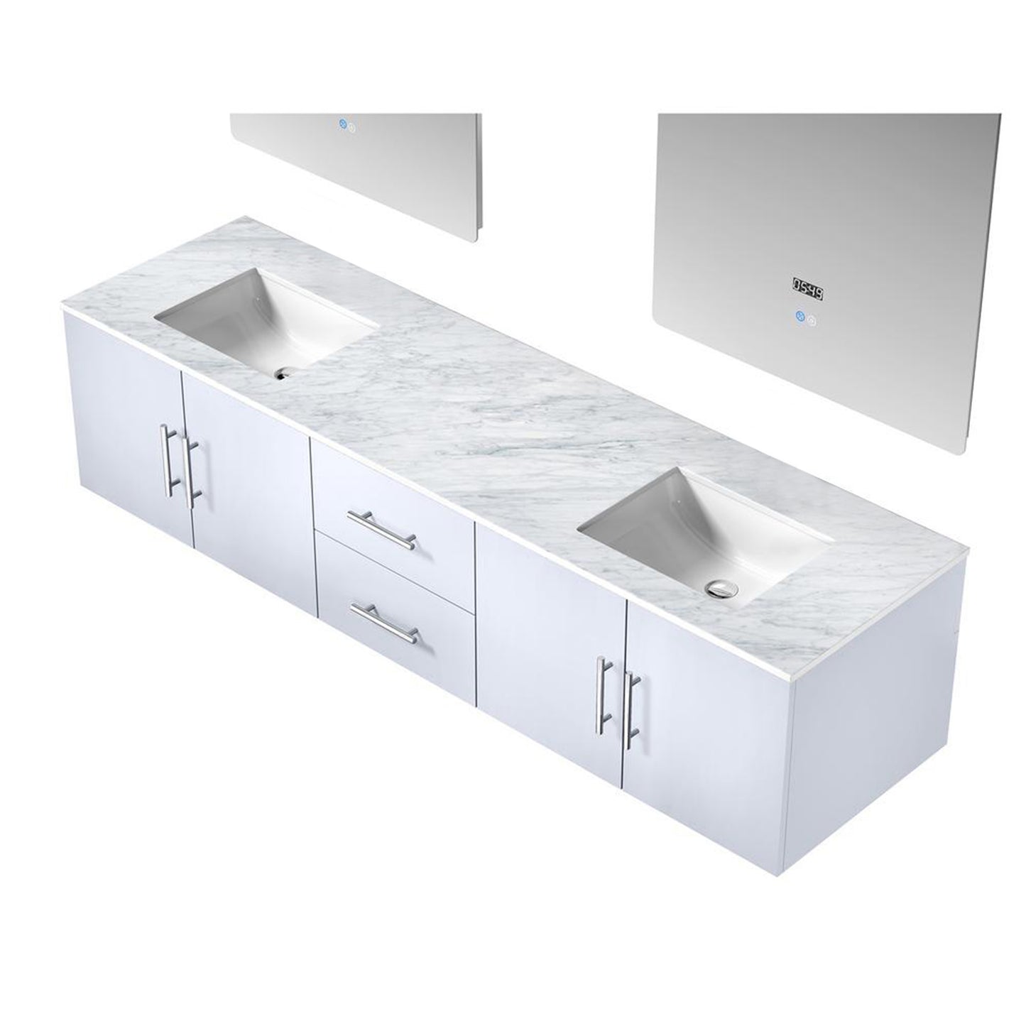 Geneva 80" Glossy White Double Vanity, White Carrara Marble Top, White Square Sinks and 30" LED Mirrors