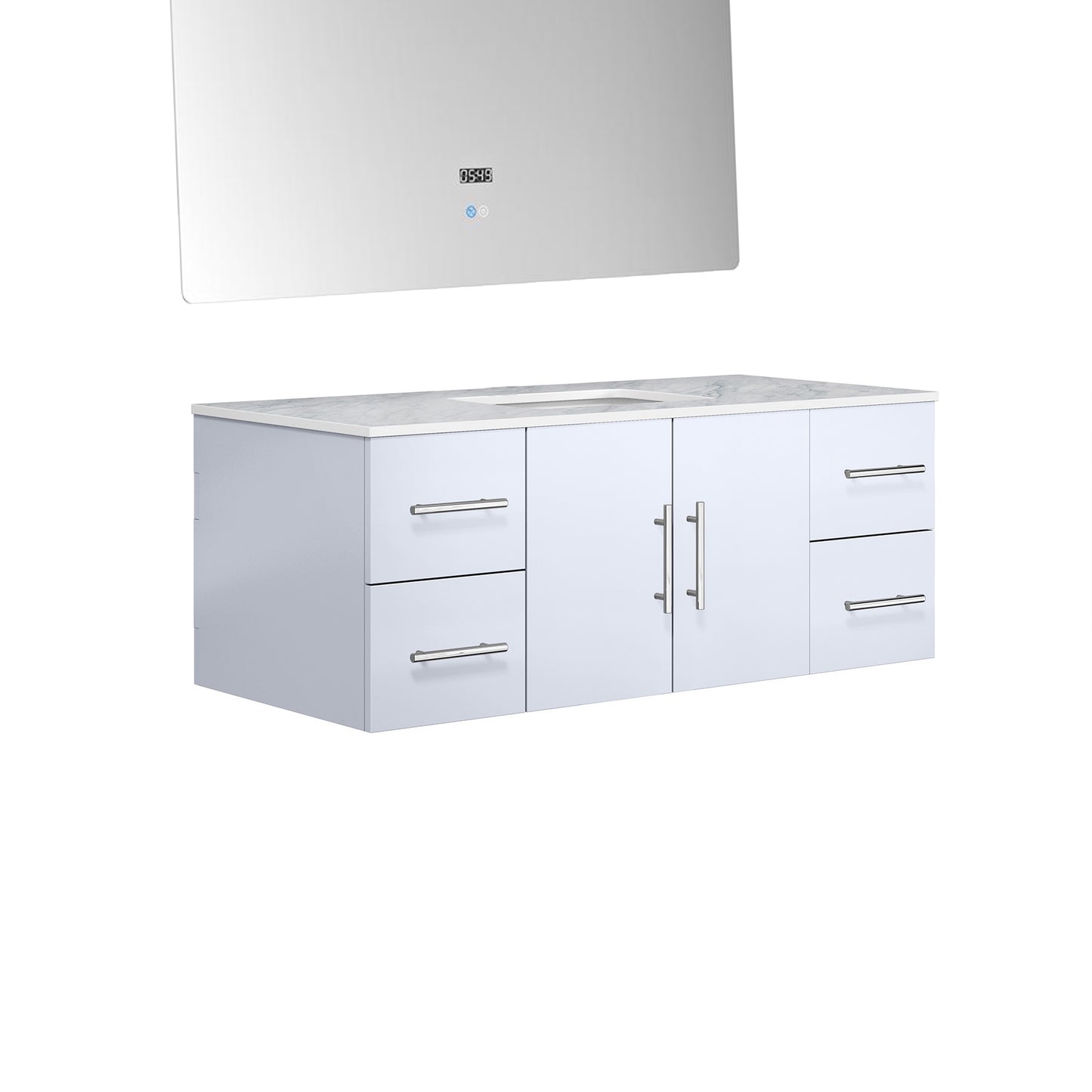 Geneva 48" Glossy White Single Vanity, White Carrara Marble Top, White Square Sink and 48" LED Mirror