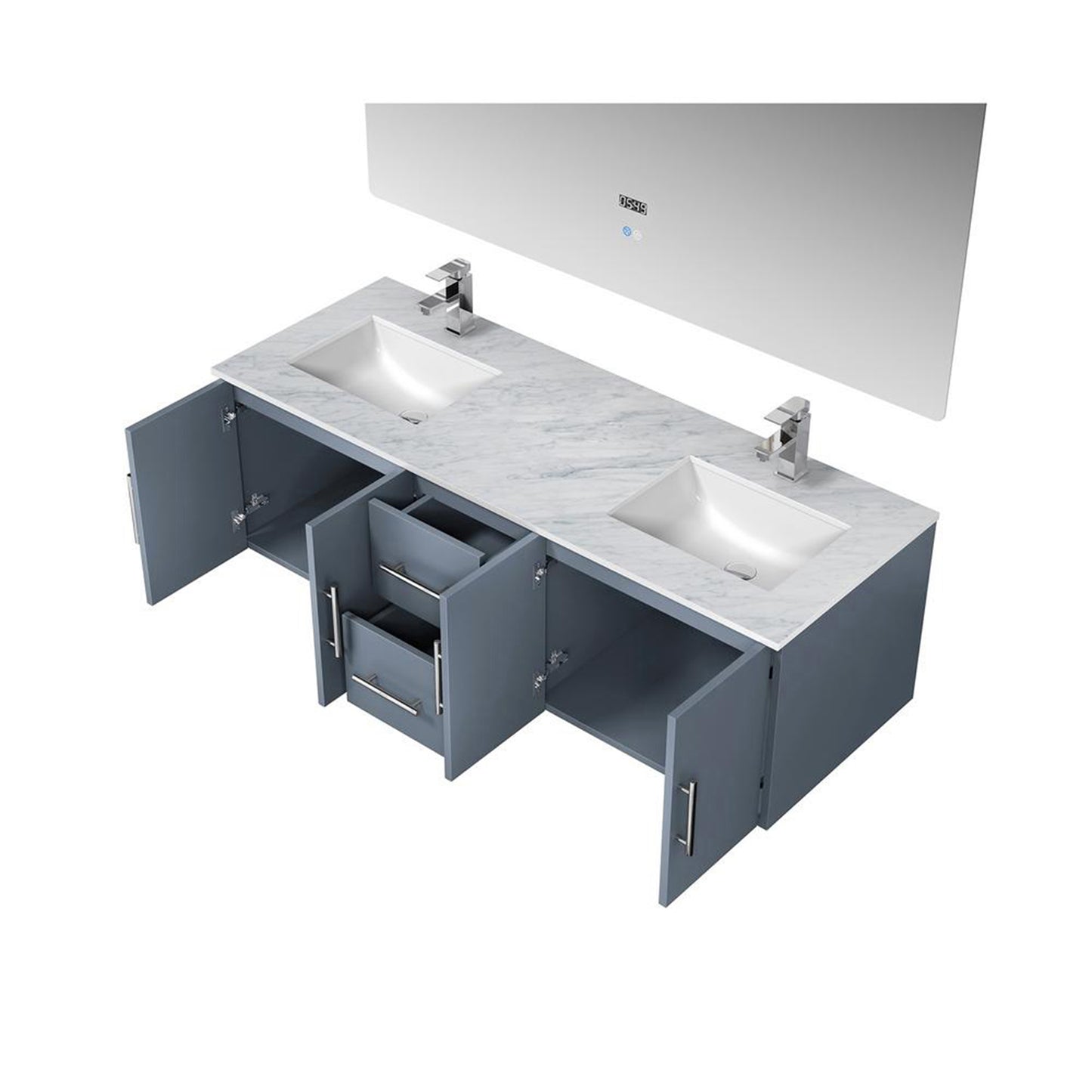 Geneva 60" Dark Grey Double Vanity, White Carrara Marble Top, White Square Sinks and 60" LED Mirror w/ Faucets