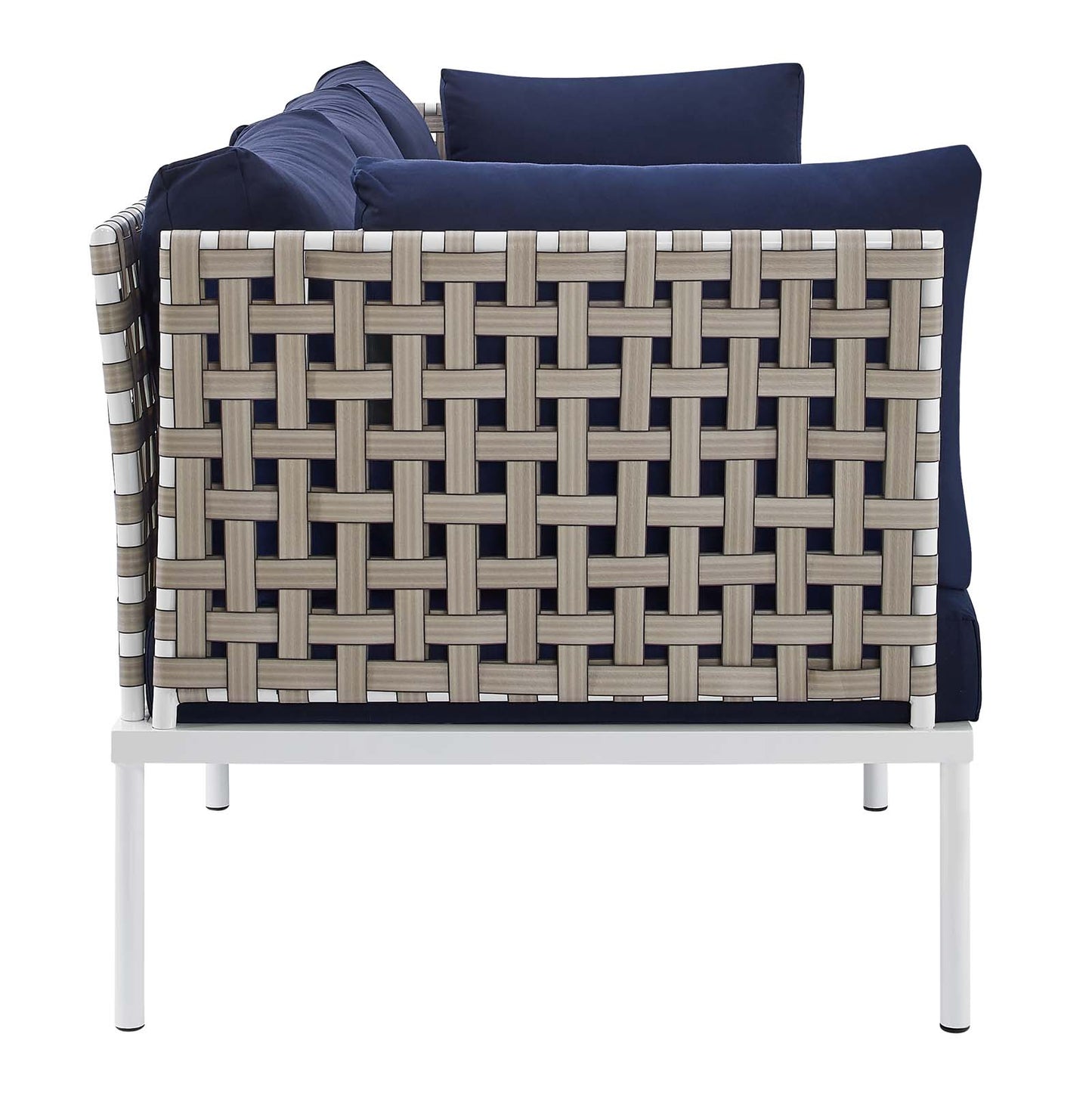 Modway EEI-4966-TAN-NAV Harmony Sunbrella Basket Weave Tan Navy Outdoor Patio Aluminum Sofa