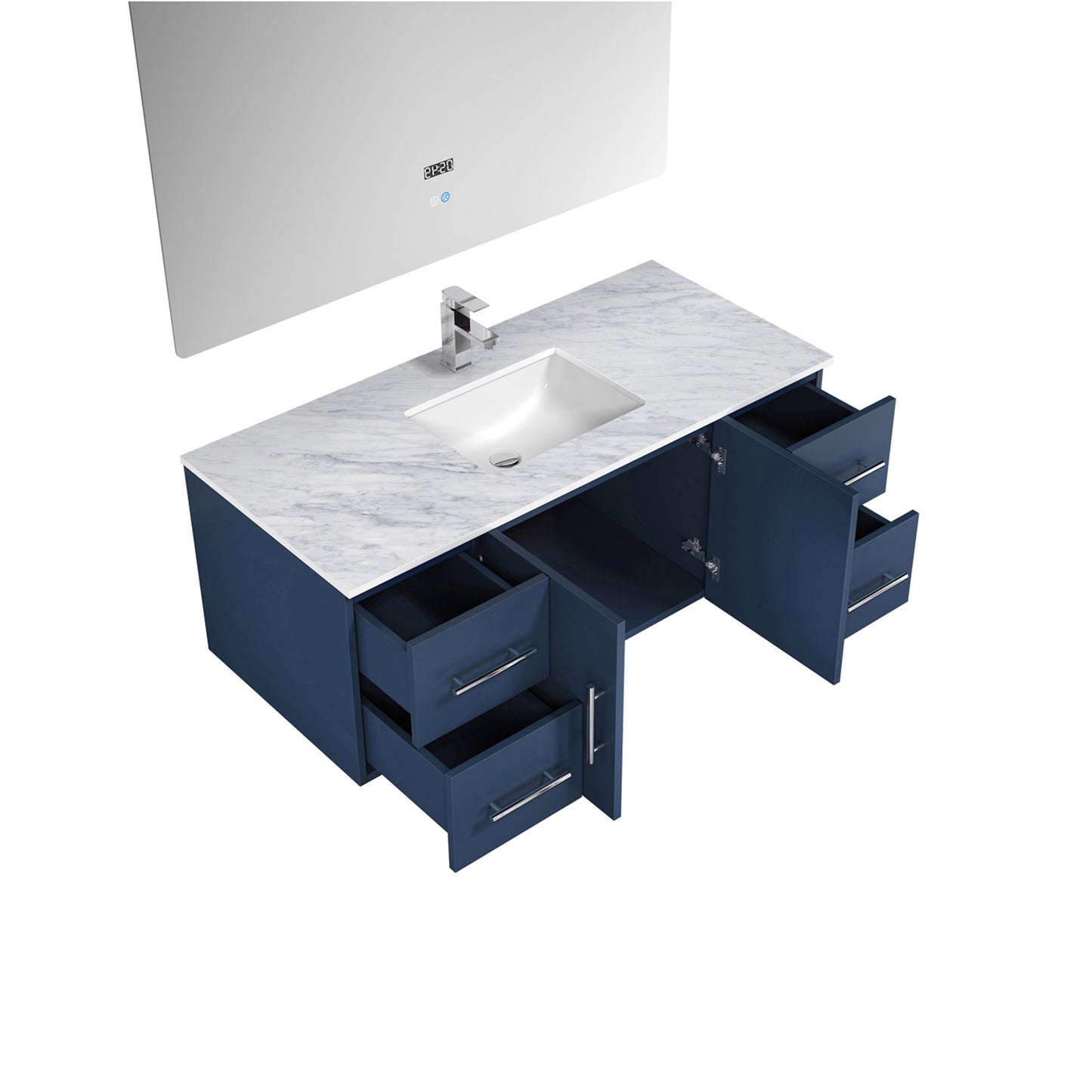 Geneva 48" Navy Blue Single Vanity, White Carrara Marble Top, White Square Sink and 48" LED Mirror w/ Faucet