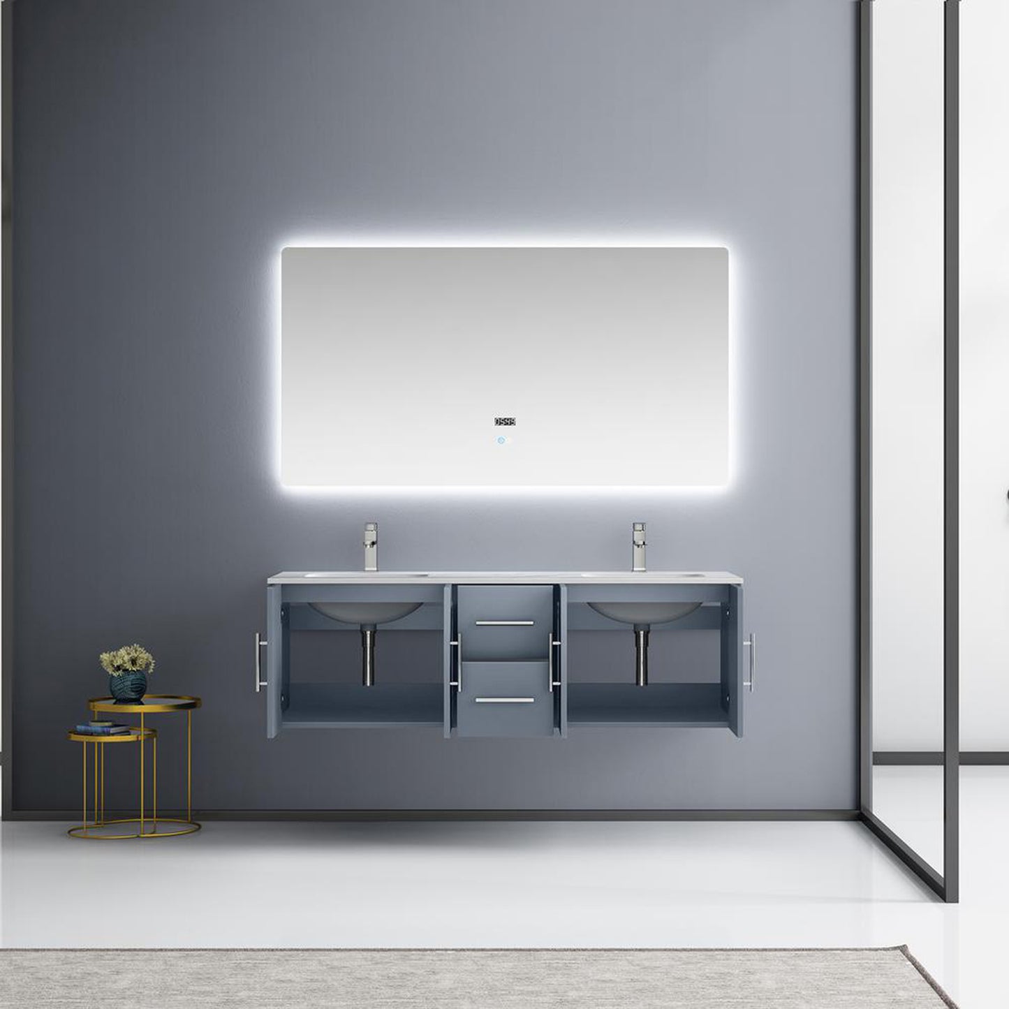 Geneva 60" Dark Grey Double Vanity, White Carrara Marble Top, White Square Sinks and 60" LED Mirror w/ Faucets