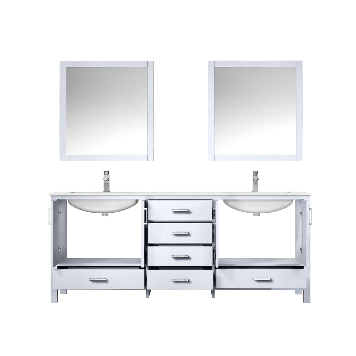 Jacques 80" White Double Vanity, White Quartz Top, White Square Sinks and 30" Mirrors