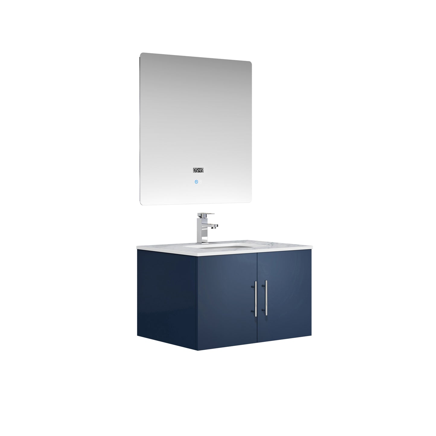 Geneva 30" Navy Blue Single Vanity, White Carrara Marble Top, White Square Sink and 30" LED Mirror w/ Faucet