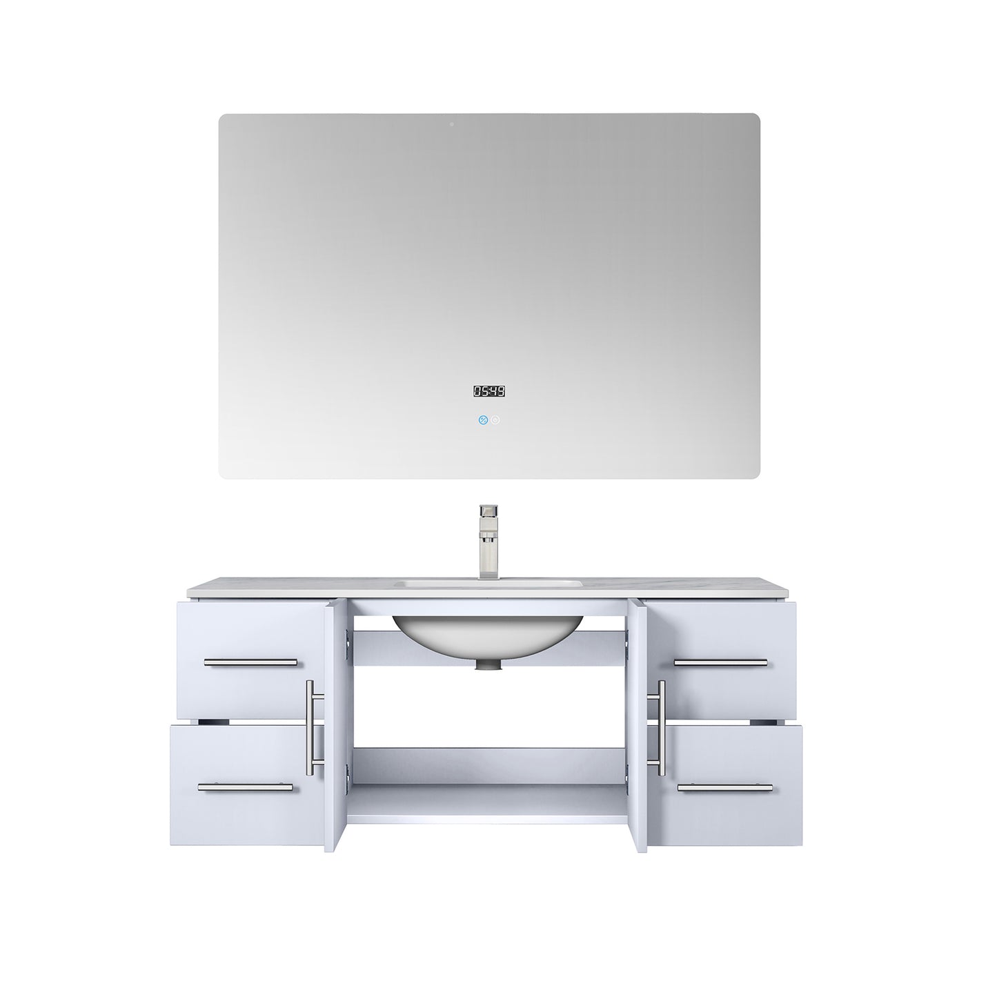 Geneva 48" Glossy White Single Vanity, White Carrara Marble Top, White Square Sink and 48" LED Mirror w/ Faucet