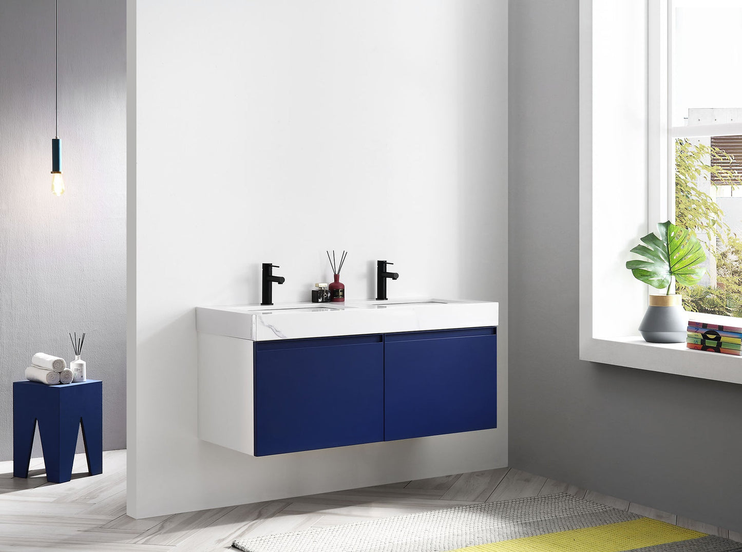 MANAROLA 48” NAVY BLUE WITH THICK QUARTZ WALL MOUNT MODERN BATHROOM VANITY