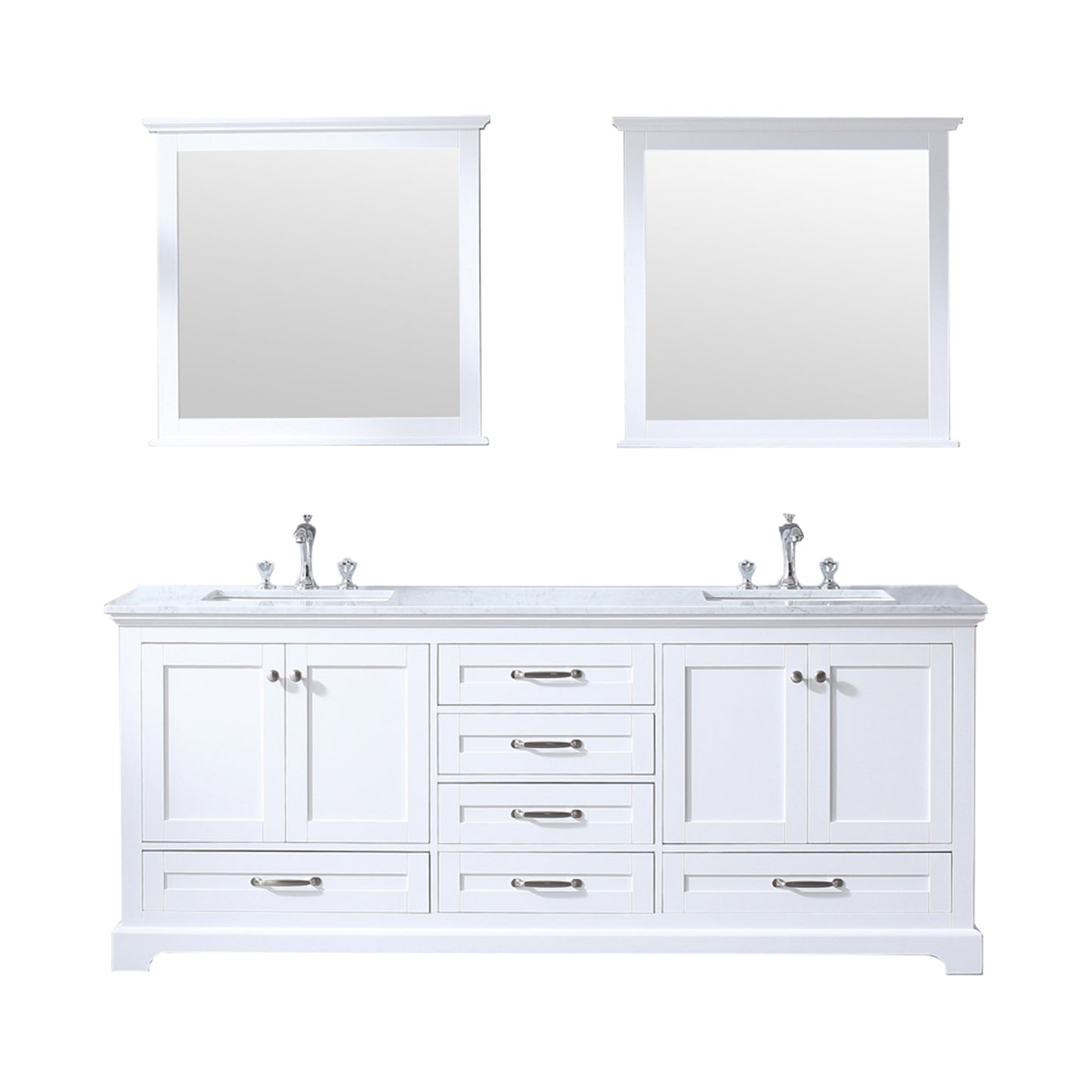 Dukes 80" White Double Vanity, White Carrara Marble Top, White Square Sinks and 30" Mirrors w/ Faucets