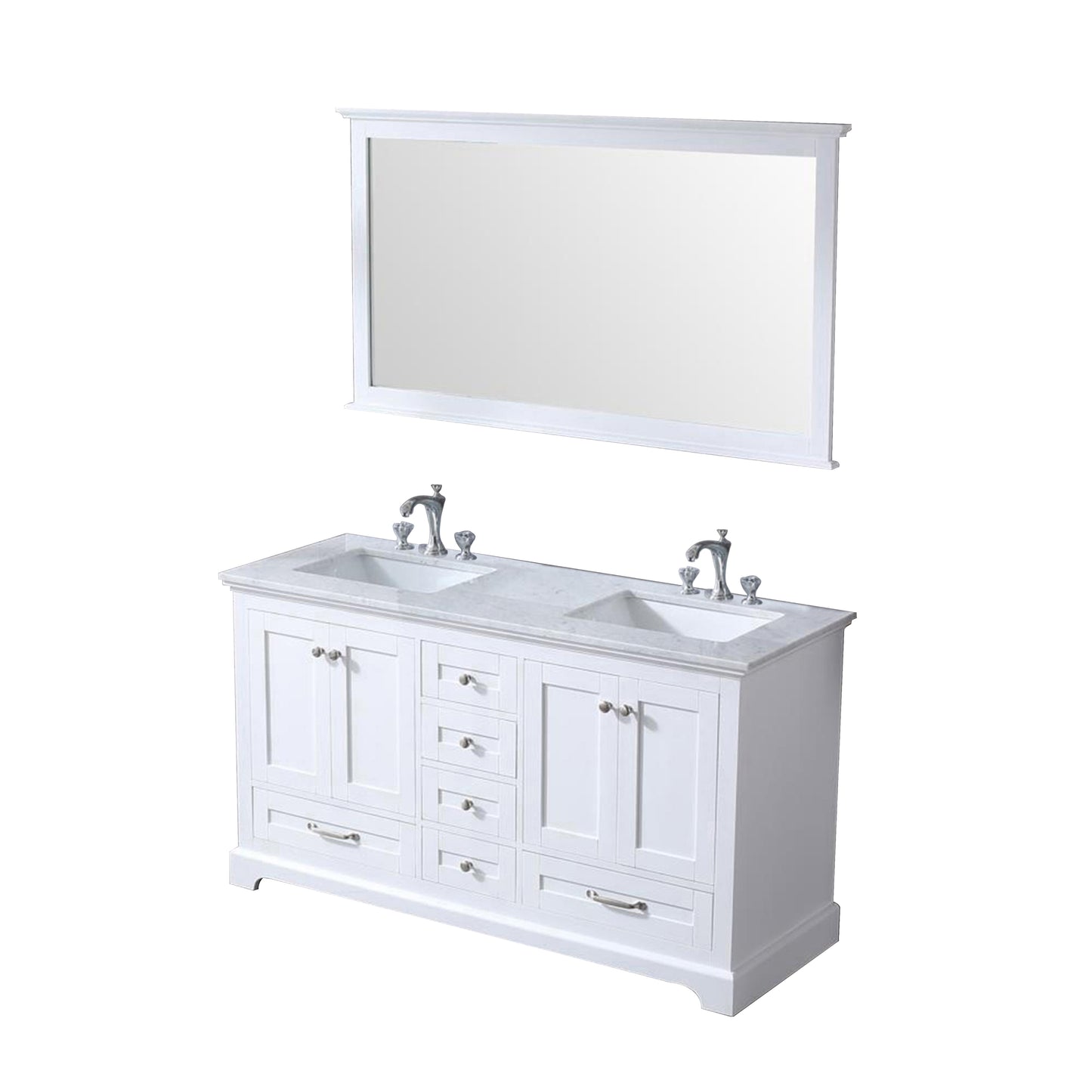 Dukes 60" White Double Vanity, White Carrara Marble Top, White Square Sinks and 58" Mirror w/ Faucets