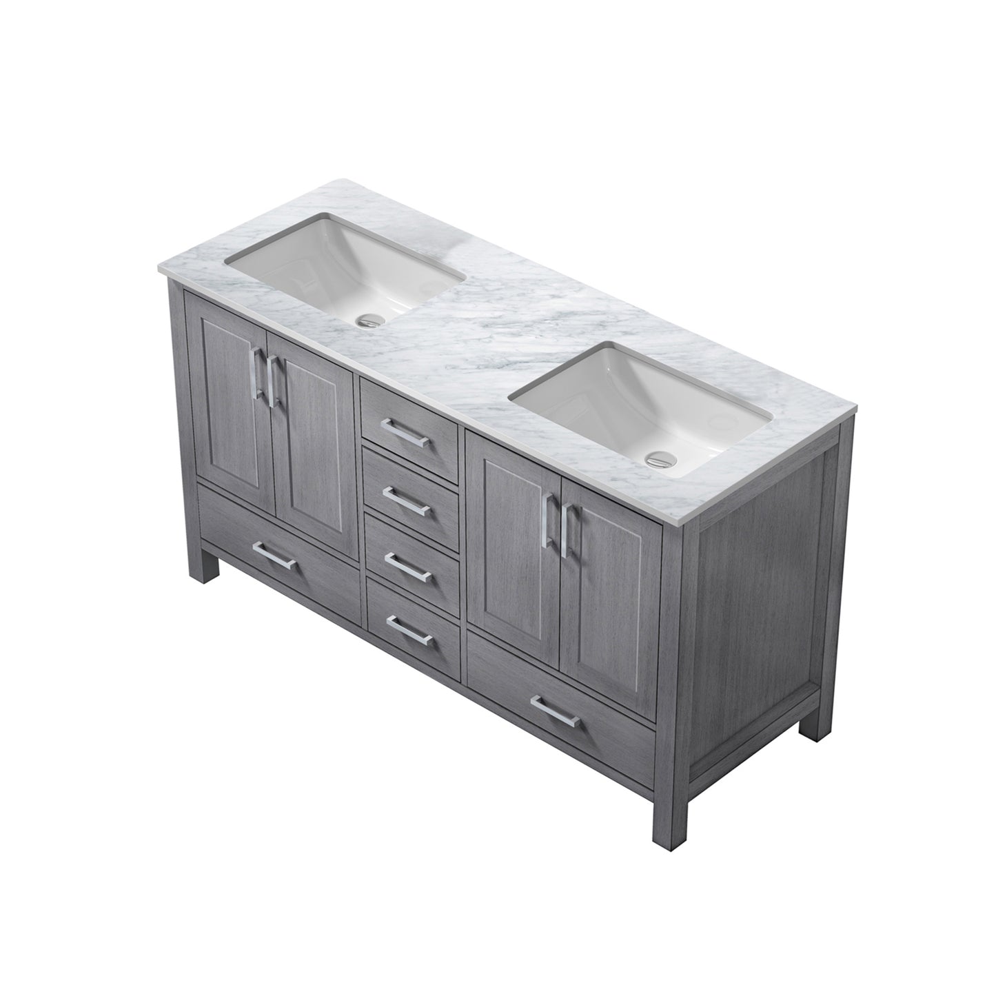 Jacques 60" Distressed Grey Double Vanity, White Carrara Marble Top, White Square Sinks and no Mirror