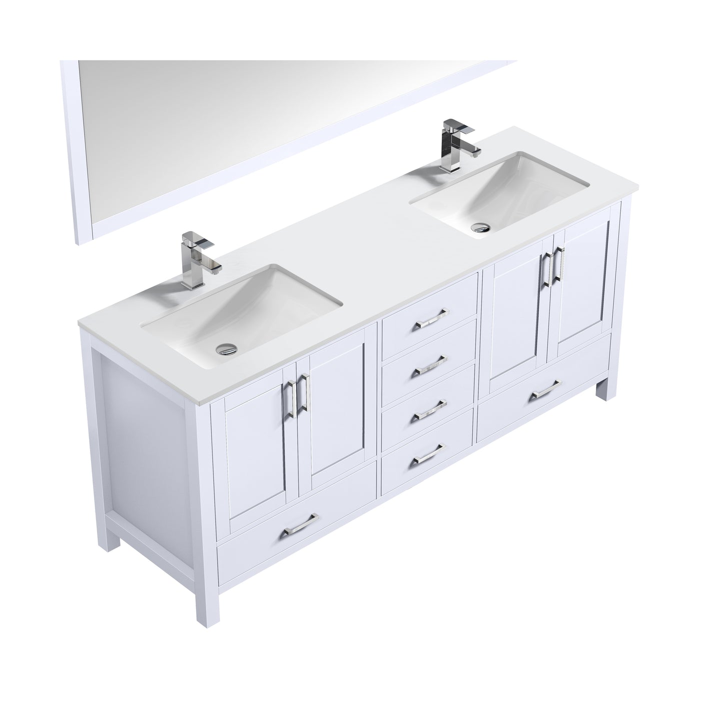 Jacques 72" White Double Vanity, White Quartz Top, White Square Sinks and 70" Mirror w/ Faucets