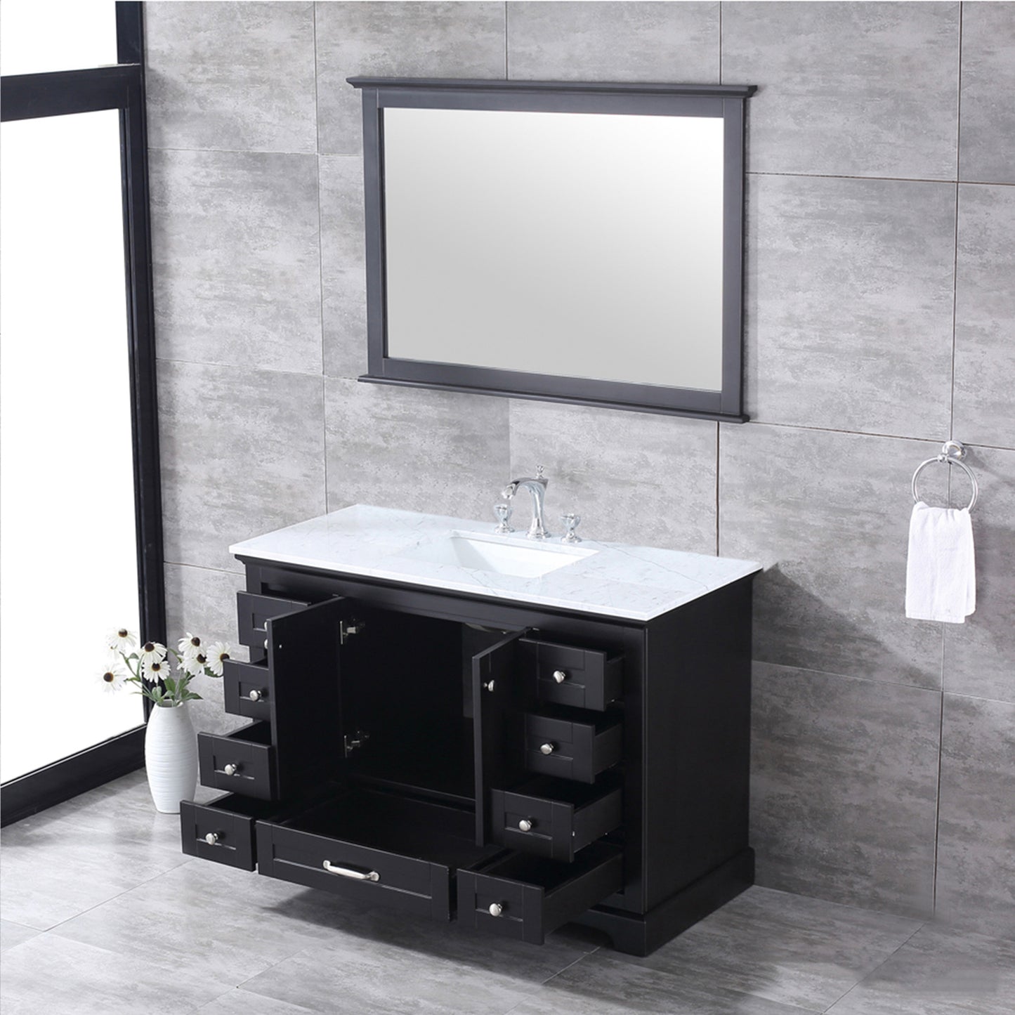 Dukes 48" Espresso Single Vanity, White Carrara Marble Top, White Square Sink and 46" Mirror w/ Faucet