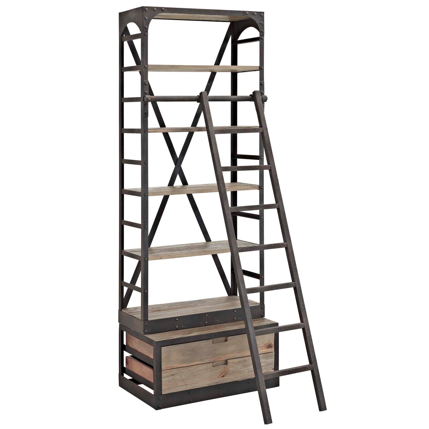 Modway Velocity Industrial Modern Wood and Cast Iron Bookshelf in Brown