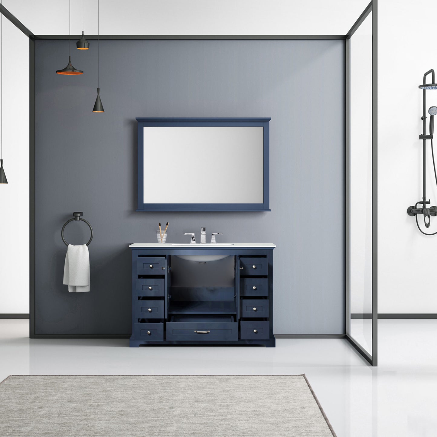 Dukes 48" Navy Blue Single Vanity, White Quartz Top, White Square Sink and 46" Mirror