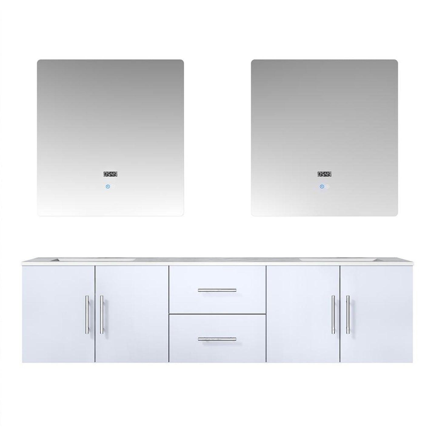 Geneva 72" Glossy White Double Vanity, White Carrara Marble Top, White Square Sinks and 30" LED Mirrors