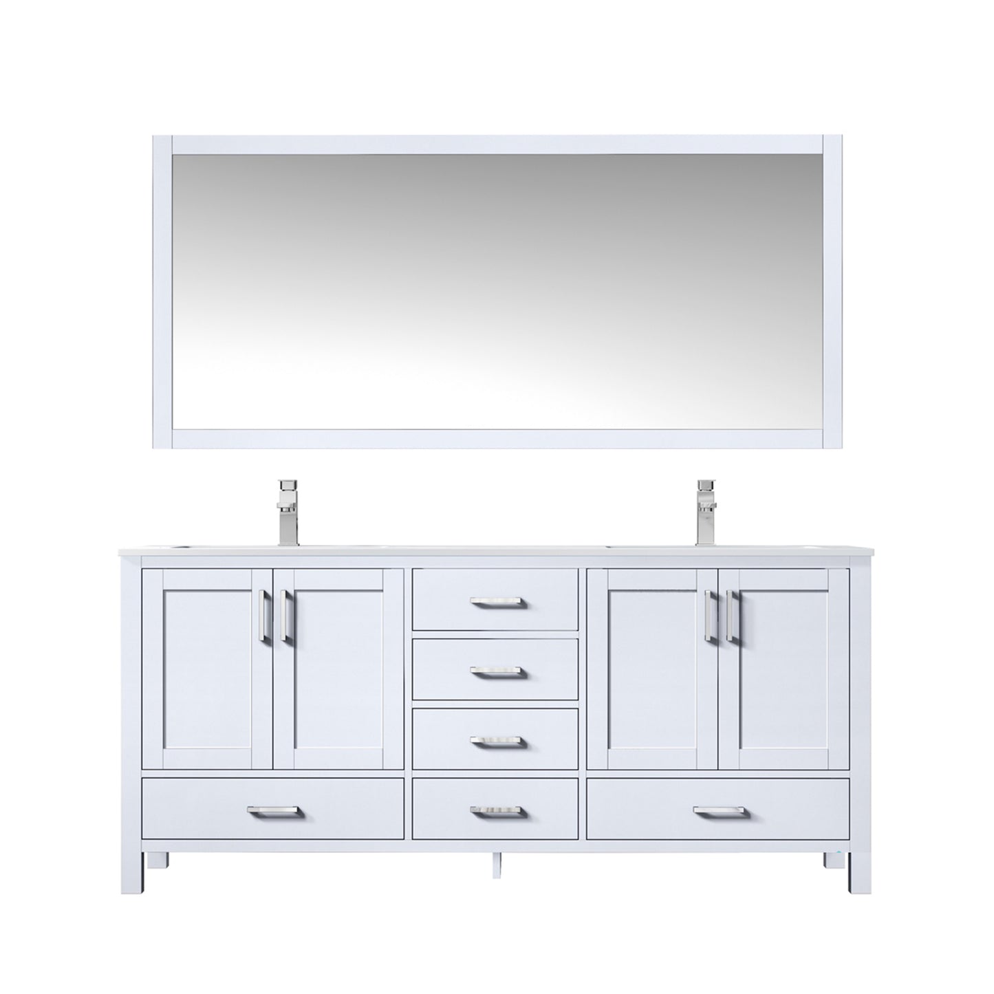 Jacques 72" White Double Vanity, White Carrara Marble Top, White Square Sinks and 70" Mirror w/ Faucets