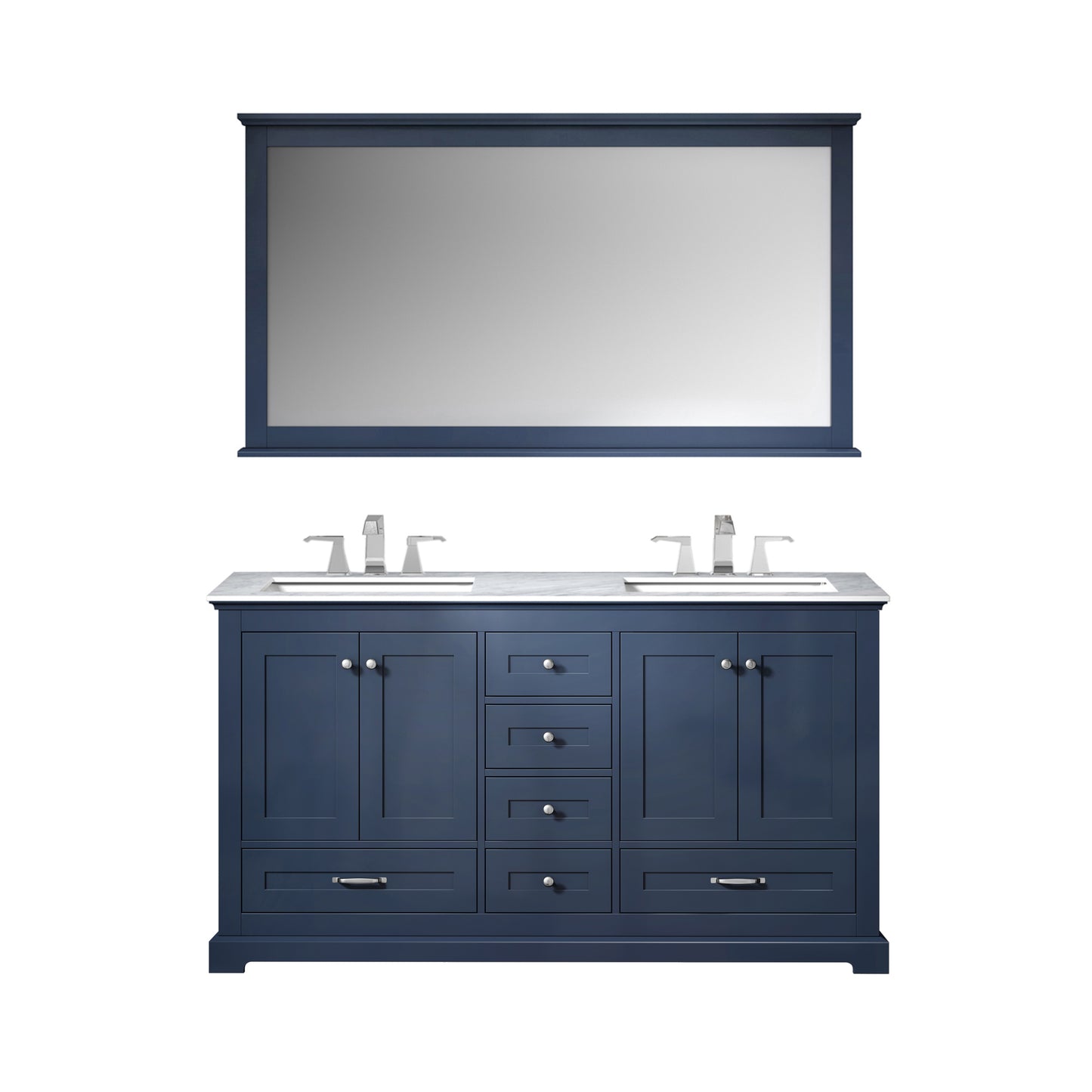 Dukes 60" Navy Blue Double Vanity, White Carrara Marble Top, White Square Sinks and 58" Mirror w/ Faucets