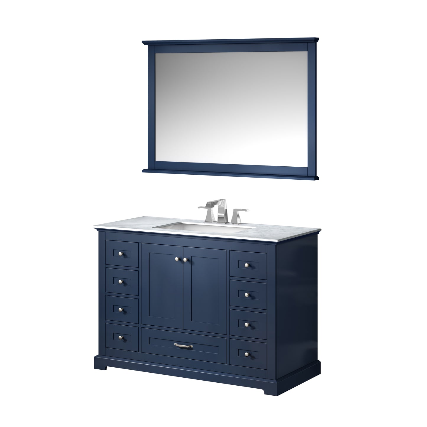 Dukes 48" Navy Blue Single Vanity, White Carrara Marble Top, White Square Sink and 46" Mirror w/ Faucet