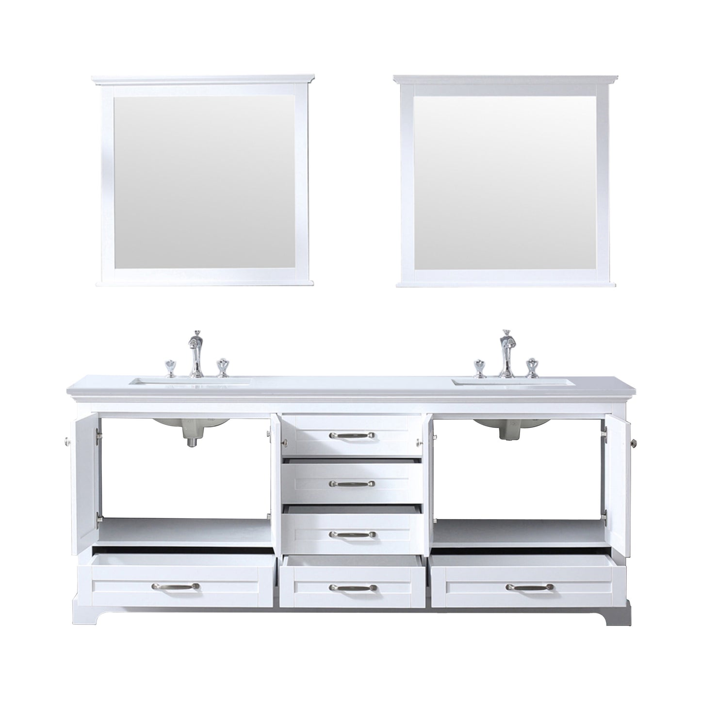 Dukes 80" White Double Vanity, White Quartz Top, White Square Sinks and 30" Mirrors