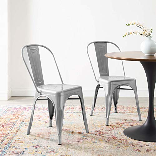 Modway Promenade Industrial Modern Steel Metal Bistro Dining Chairs in Silver-Set of 2