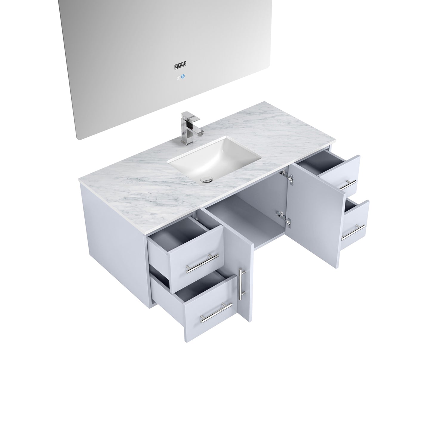 Geneva 48" Glossy White Single Vanity, White Carrara Marble Top, White Square Sink and 48" LED Mirror w/ Faucet