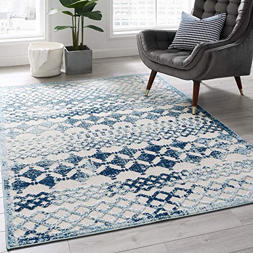 Modway R-1177A-58 Reflect Tamako Distressed Vintage Diamond and Chevron Moroccan Trellis 5x8 Indoor and Outdoor Area Rug, Ivory and Blue