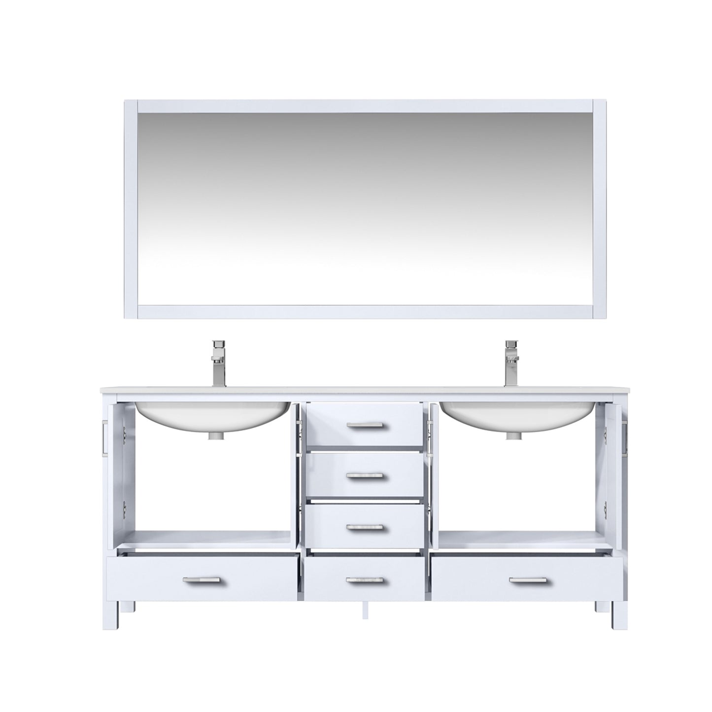 Jacques 72" White Double Vanity, White Quartz Top, White Square Sinks and 70" Mirror w/ Faucets