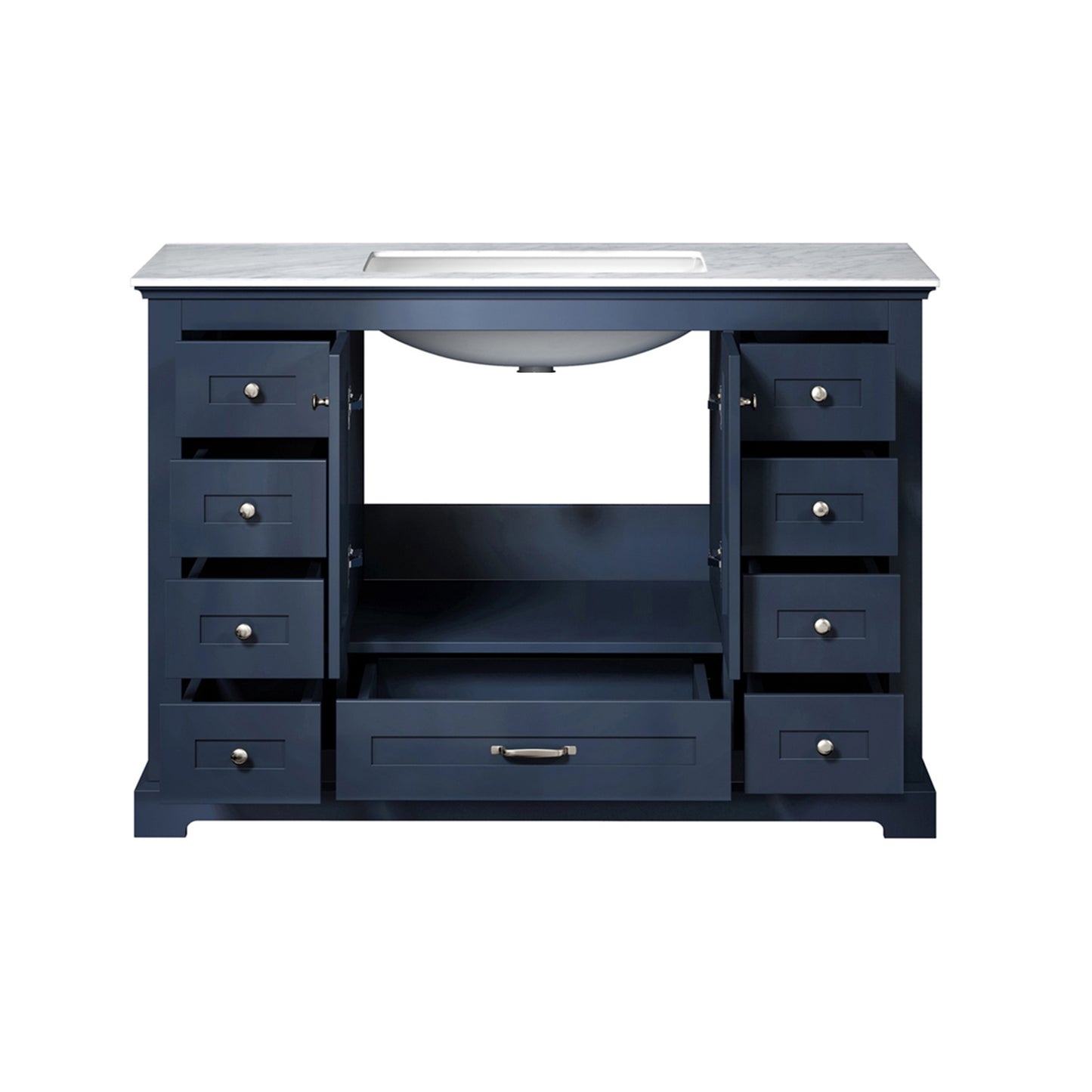 Dukes 48" Navy Blue Single Vanity, White Carrara Marble Top, White Square Sink and no Mirror