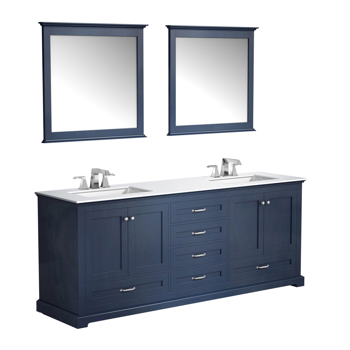 Dukes 80" Navy Blue Double Vanity, White Quartz Top, White Square Sinks and 30" Mirrors