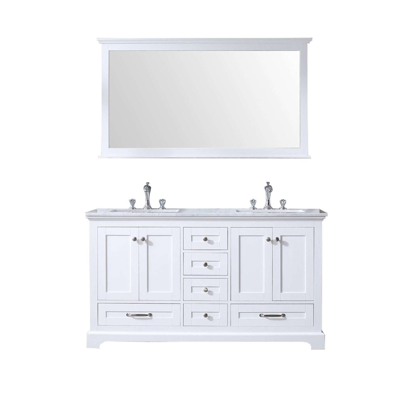 Dukes 60" White Double Vanity, White Carrara Marble Top, White Square Sinks and 58" Mirror w/ Faucets