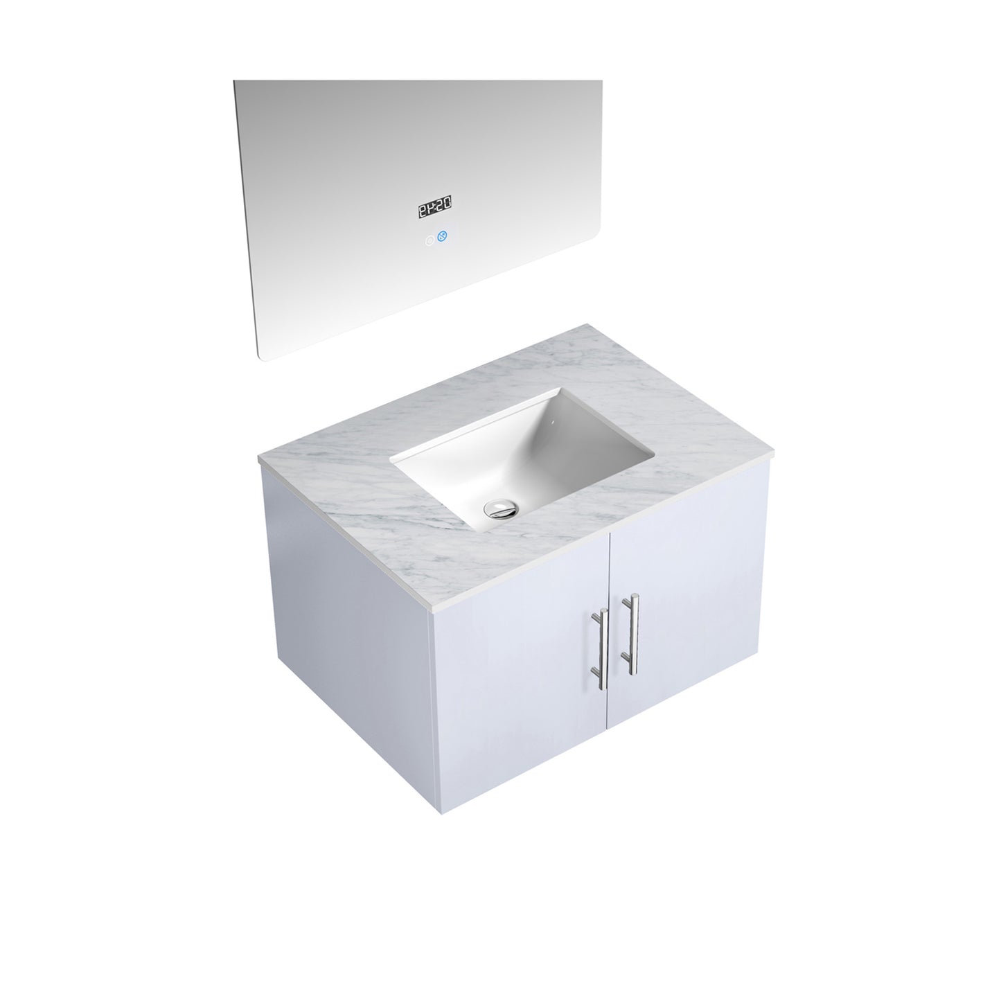 Geneva 30" Glossy White Single Vanity, White Carrara Marble Top, White Square Sink and 30" LED Mirror